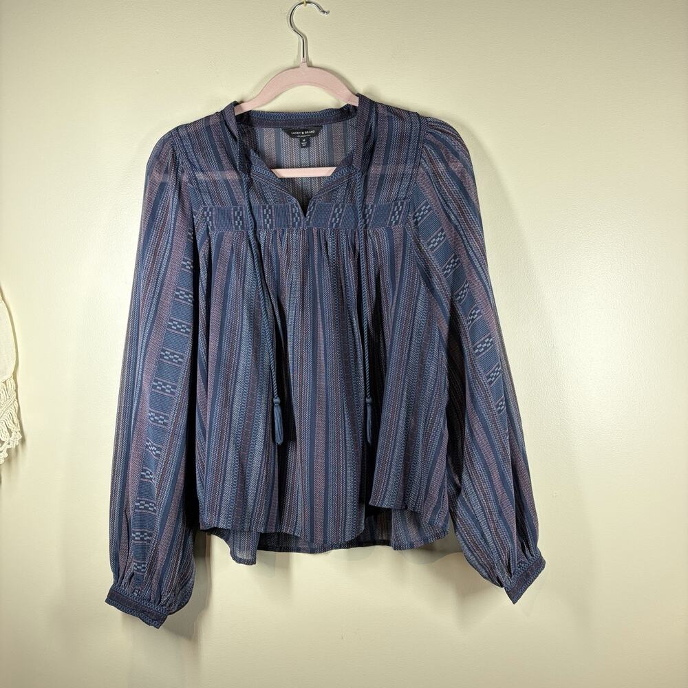 Lucky Brand Blouse Top Medium Sheer Peasant Boho Festival Hippie Airy Flowy
